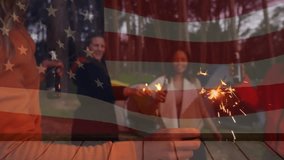 Animation of flag of america over diverse friends drinking beers campsite having fun with sparklers. Party, celebration, camping, vacations, patriotism and travel, digitally generated video. - Powered by Shutterstock - Get 15% off with code: PIKWIZARD15