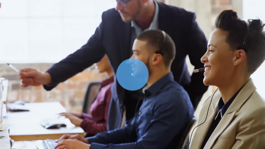 Animation of network of connections over diverse business people discussing work in office. Global business and digital interface concept, digitally generated video.