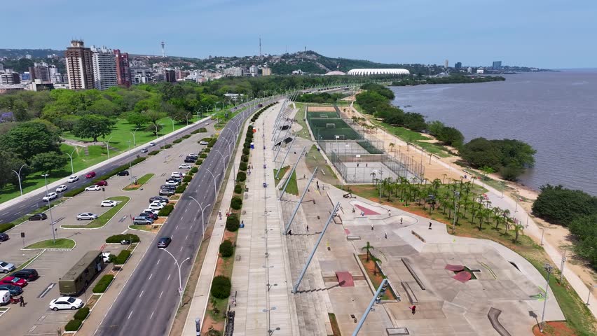 Guaiba Edge At Porto Alegre In Rio Grande Do Sul Brazil. Highrise Buildings. Cityscape Scenery. Recreation Zone. Guaiba Edge At Porto Alegre In Rio Grande Do Sul Brazil.