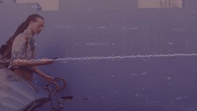 Animation of data processing over biracial man with dreadlocks and bike using smartphone. Convenience, city life, network, data, digital interface and communication, digitally generated video. - Powered by Shutterstock - Get 15% off with code: PIKWIZARD15