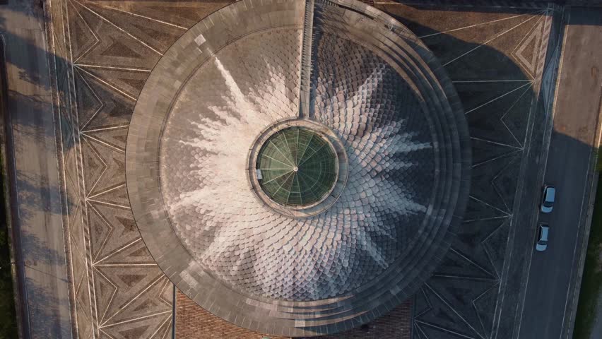 Top down view of a temple dome, neoclassical architecture and art. Aerial view of Canovian temple of Possagno, Italy.