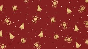 festive animation features a red background with scattered gold illustrations of Santa Claus, Christmas trees and gift boxes. The playful pattern evokes a cheerful holiday spirit. paper texture. - Powered by Shutterstock - Get 15% off with code: PIKWIZARD15