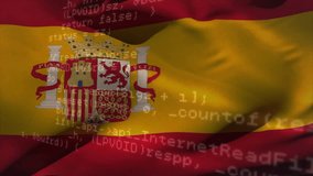 Animation of spanish flag over coding data processing. Spain, global economy, network, data, digital interface, business and communication, digitally generated video. - Powered by Shutterstock - Get 15% off with code: PIKWIZARD15