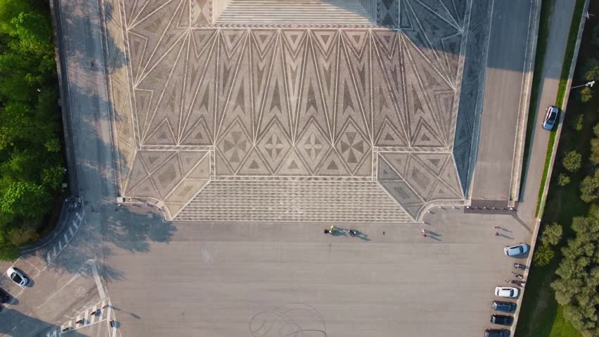 Top down view of the Canova temple of Possagno and the pavement in front. Aerial view of the cultural heritage of the neoclassical temple