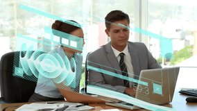 Animation of data processing over caucasian male and female colleague in meeting using laptop. Data, digital interface, business, meeting and communication, digitally generated video. - Powered by Shutterstock - Get 15% off with code: PIKWIZARD15