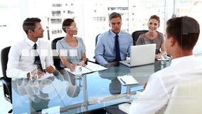 Animation of data processing over caucasian male and female business colleagues in meeting. Data, digital interface, business, meeting, job interview and communication, digitally generated video. - Powered by Shutterstock - Get 15% off with code: PIKWIZARD15