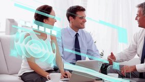 Animation of data processing over happy caucasian male and female colleague in meeting using laptop. Data, digital interface, business, meeting and communication, digitally generated video. - Powered by Shutterstock - Get 15% off with code: PIKWIZARD15