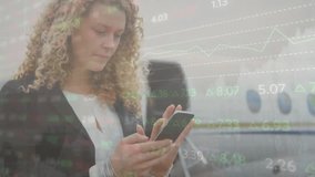 Animation of data processing over caucasian businesswoman using smartphone by plane. Data, network, business, travel, digital interface and global communication, digitally generated video. - Powered by Shutterstock - Get 15% off with code: PIKWIZARD15