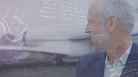 Animation of data processing over senior caucasian businessman at airport by plane. Data, network, business, travel, digital interface and global communication, digitally generated video. - Powered by Shutterstock - Get 15% off with code: PIKWIZARD15