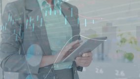 Animation of data processing over caucasian businesswoman using tablet at airport. Data, network, business, travel, digital interface and global communication, digitally generated video. - Powered by Shutterstock - Get 15% off with code: PIKWIZARD15