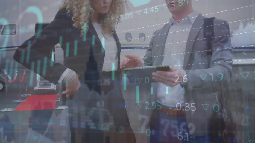 Animation of data processing over caucasian male and female colleague using tablet by plane. Data, business, teamwork, travel, digital interface and global communication, digitally generated video. - Powered by Shutterstock - Get 15% off with code: PIKWIZARD15