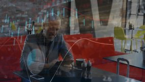 Animation of data processing over senior caucasian businessman using tablet sitting at airport. Data, network, business, travel, digital interface and global communication, digitally generated video. - Powered by Shutterstock - Get 15% off with code: PIKWIZARD15