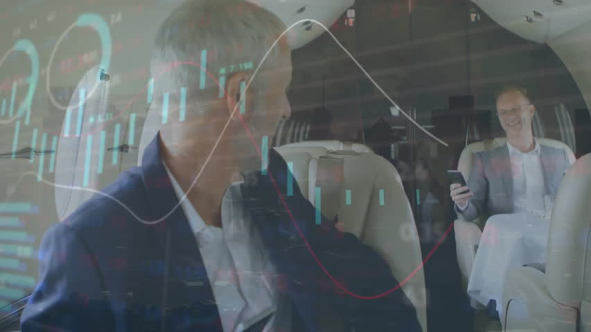 Animation of data processing over happy caucasian businessmen using smartphones on plane. Data, finance, business, travel, digital interface and global communication, digitally generated video. - Powered by Shutterstock - Get 15% off with code: PIKWIZARD15