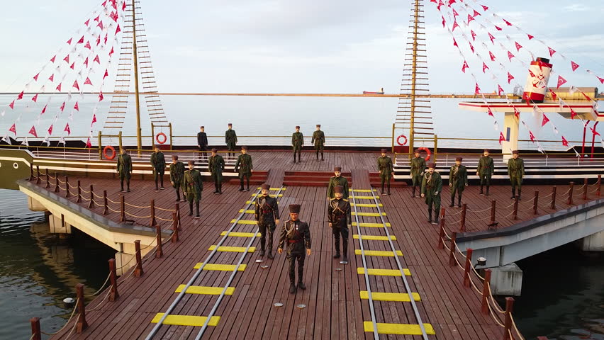 Samsun, Turkey - 12 October2024 Tobacco Pier is a pier where Mustafa Kemal Atatürk first stepped in to launch the Turkish War of Independence. Today, it is exhibited as wax sculptures. Sunset. Drone