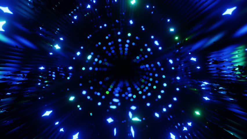 triangular blue tunnel. Fly through mirror tunnel with neon pattern, glow lines form sci fi pattern. Bright reflection neon light. Simple bright background, sci fi structure. 4k. 3D Illustration
