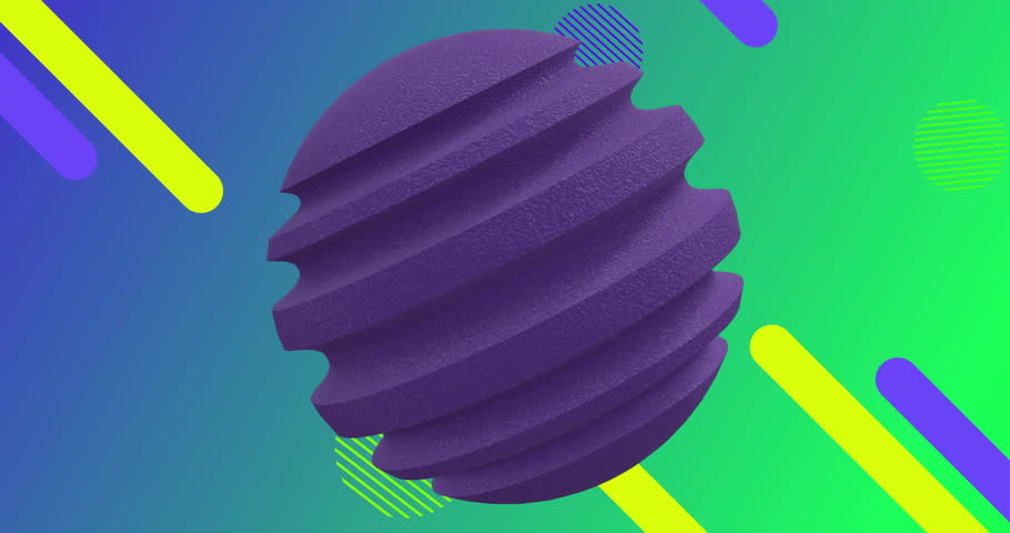Animation of 3d purple massage ball icon rotating over abstract shapes on green and blue background. Fitness, health, retro, abstract, technology and digital interface, digitally generated video.