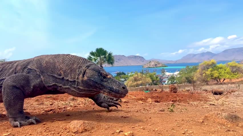 A komodo varan walks around the island.