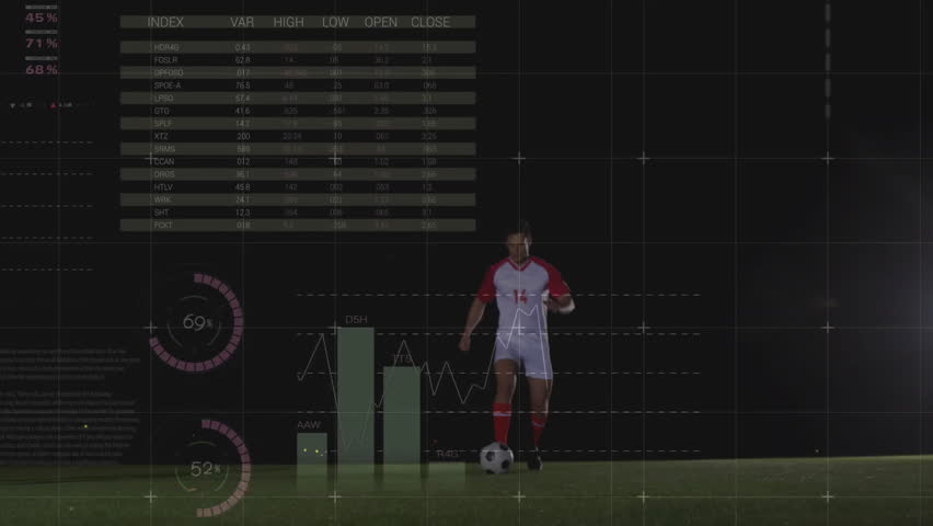Animation of financial data processing over diverse male football players. Finances, sports and digital interface concept digitally generated video. - Powered by Shutterstock - Get 15% off with code: PIKWIZARD15