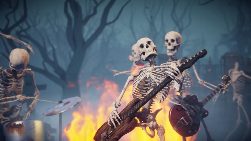 Halloween party: spooky music band playing rock in scary gothic cemetery. Funny skeletons dancing, playing guitar and drums.
Animated video for greeting cards, invitations, posters, events, parties.