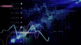 Animation of financial data processing over world map on dark background. Global connections, computing and data processing concept digitally generated video. - Powered by Shutterstock - Get 15% off with code: PIKWIZARD15