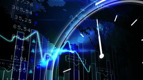 Animation of financial data processing over clock, world map on dark background. Global connections, computing and data processing concept digitally generated video. - Powered by Shutterstock - Get 15% off with code: PIKWIZARD15