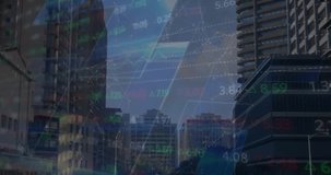 Animation of data processing and world map over cityscape. Global finance, business, connections, computing and data processing concept digitally generated video. - Powered by Shutterstock - Get 15% off with code: PIKWIZARD15