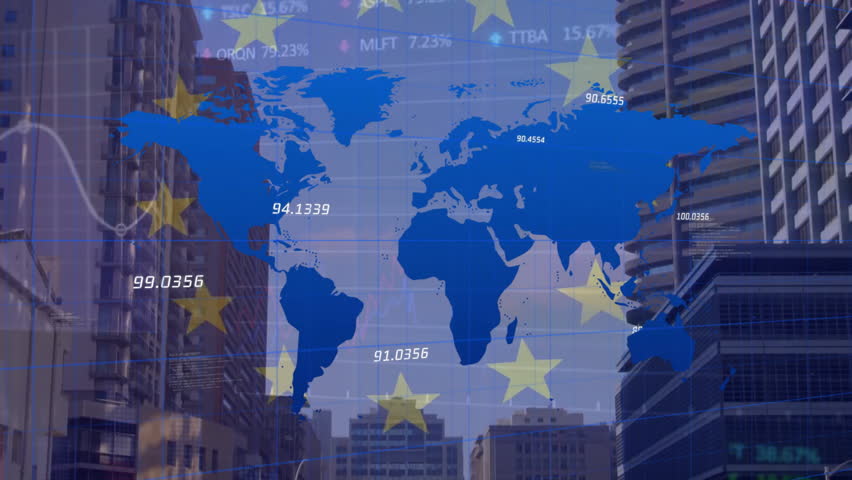 Animation of financial data processing with world map and flag of eu over cityscape. Global finances, business and digital interface concept digitally generated video. - Powered by Shutterstock - Get 15% off with code: PIKWIZARD15