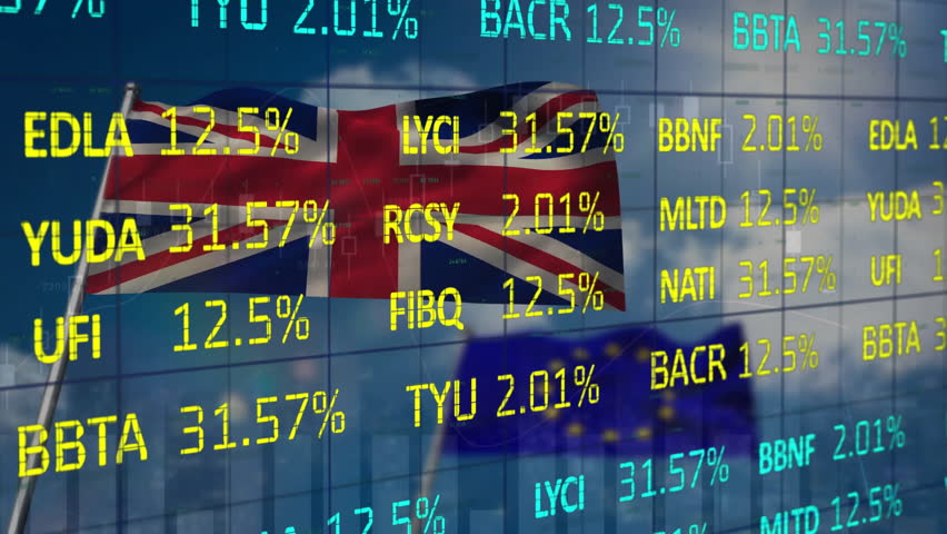 Animation of financial data processing over flag of eu and flag of uk. Global finances, business and digital interface concept digitally generated video. - Powered by Shutterstock - Get 15% off with code: PIKWIZARD15