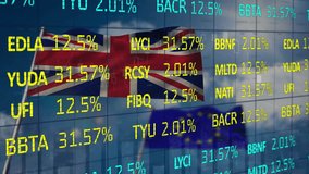 Animation of financial data processing over flag of eu and flag of uk. Global finances, business and digital interface concept digitally generated video. - Powered by Shutterstock - Get 15% off with code: PIKWIZARD15