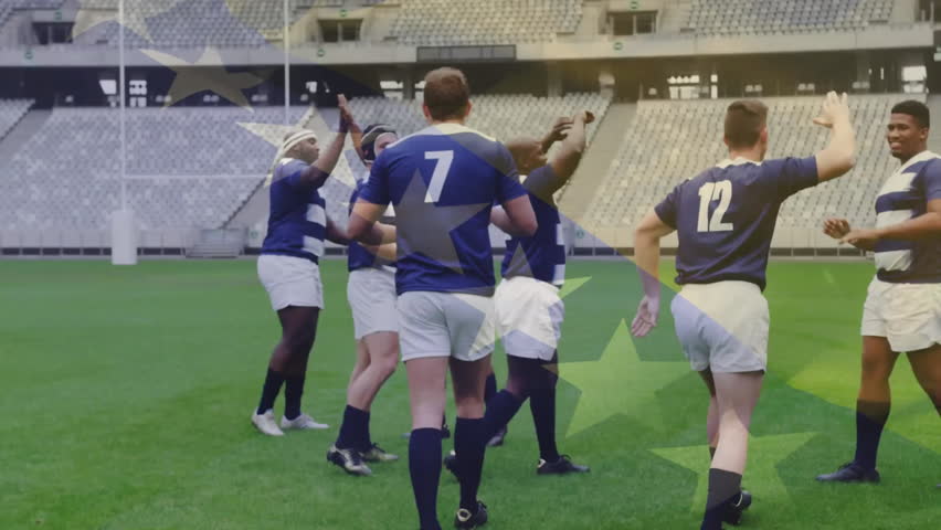 Animation of flag of bosnia and herzegovina over diverse male rugby players high fiving at stadium. Global sport and patriotism concept, digitally generated video.