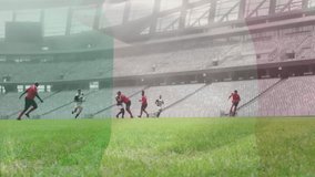 Animation of flag of nigeria over diverse male rugby players playing at stadium. Global sport and patriotism concept, digitally generated video. - Powered by Shutterstock - Get 15% off with code: PIKWIZARD15