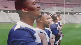 Animation of flag of netherlands over diverse male rugby players at anthem at stadium. Global sport and patriotism concept, digitally generated video. - Powered by Shutterstock - Get 15% off with code: PIKWIZARD15