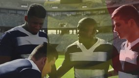 Animation of flag of belgium over diverse male rugby players talking at stadium. Global sport and patriotism concept, digitally generated video. - Powered by Shutterstock - Get 15% off with code: PIKWIZARD15