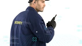 Animation of data processing and media icons over caucasian male security guard using walkie talkie. Global technology and digital interface concept, digitally generated video. - Powered by Shutterstock - Get 15% off with code: PIKWIZARD15