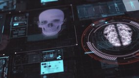 Skull and brain on HUD Dashboard with futuristic display full of data and infographic elements. Hi-tech and medical concept - Powered by Shutterstock - Get 15% off with code: PIKWIZARD15