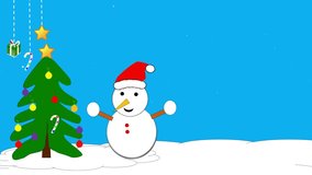2D animated tree christmas ornament and snowman character with a red headdress. arms accompanied by snow. blue background. - Powered by Shutterstock - Get 15% off with code: PIKWIZARD15