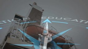 Animation of compass with arrow pointing to education text over ship. Education, work, industry, transport, goals, direction and communication, digitally generated video. - Powered by Shutterstock - Get 15% off with code: PIKWIZARD15