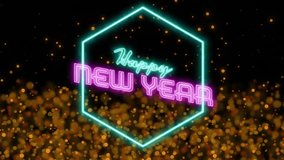 Animation of neon happy new year text over glowing spots. New year, celebration, digital interface, communication, computing and data processing concept digitally generated video. - Powered by Shutterstock - Get 15% off with code: PIKWIZARD15