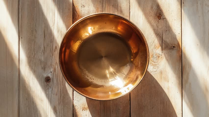 Copper Bowl on Rustic Wooden Floor with Sunlight Patterns