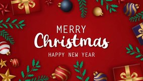 Elegant Christmas greeting animation with a red background featuring festive ornaments, gifts, holly leaves, and stars, surrounding a cheerful "Merry Christmas, Happy New Year" message. - Powered by Shutterstock - Get 15% off with code: PIKWIZARD15