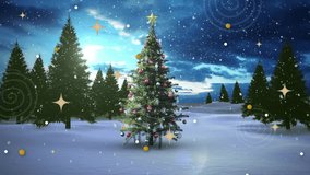 Christmas tree and decorations with joyeux noel text animation over snowy landscape. holiday, festive, celebration, winter, joyful, seasonal - Powered by Shutterstock - Get 15% off with code: PIKWIZARD15