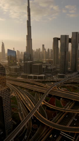 Enjoy a stunning aerial view of Dubai with the iconic Burj Khalifa and dynamic freeway network