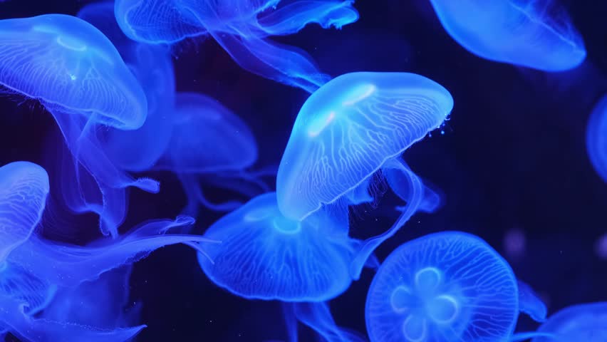 Jellyfish gracefully drift against a dark background, illuminated by bursts of bright light. This captivating scene highlights their elegance and beauty, adding a touch of magic to the underwater worl