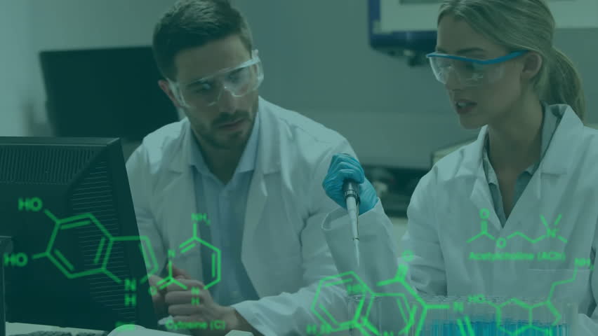 Animation of data processing with chemical formula over diverse scientists working in lab. Science, computing and digital interface concept digitally generated video. - Powered by Shutterstock - Get 15% off with code: PIKWIZARD15
