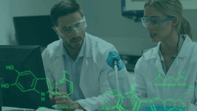 Animation of data processing with chemical formula over diverse scientists working in lab. Science, computing and digital interface concept digitally generated video. - Powered by Shutterstock - Get 15% off with code: PIKWIZARD15