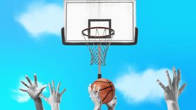 Funny animation of close up of hand trying to steal basketball while hand throwing ball and shooting ball in the hoop. Halftone pattern of diverse hands playing basketball. Sport concept. Budgetary. - Powered by Shutterstock - Get 15% off with code: PIKWIZARD15