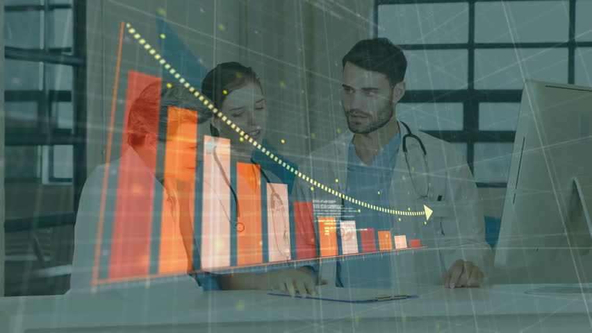 Animation of financial data processing over diverse doctors in hospital. Medicine, healthcare, technology, and digital interface concept digitally generated video.