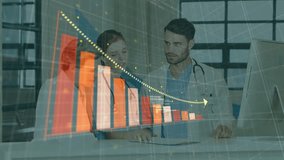 Animation of financial data processing over diverse doctors in hospital. Medicine, healthcare, technology, and digital interface concept digitally generated video. - Powered by Shutterstock - Get 15% off with code: PIKWIZARD15