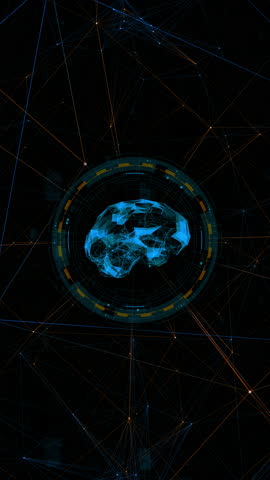 Motion graphic of Blue digital brain logo with circle futuristic HUD element and orange line connection with artificial intelligence robot assistant machine learning on vertical abstract background