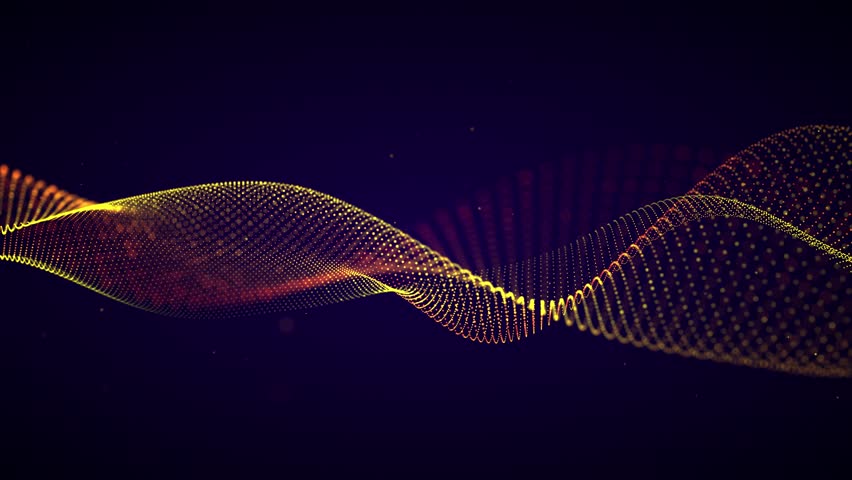 Yellow red wave on blue gradient background. Yellow wave of glowing particles. Abstract digital background. Looping animated video 4K, 60 fps.
